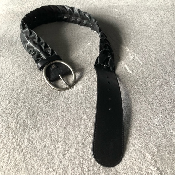 BLACK RUFFLED BELT w/BRUSHED SILVER PLATED BUCKLE SOFT PLIABLE GENUINE LEATHER M - Picture 8 of 8